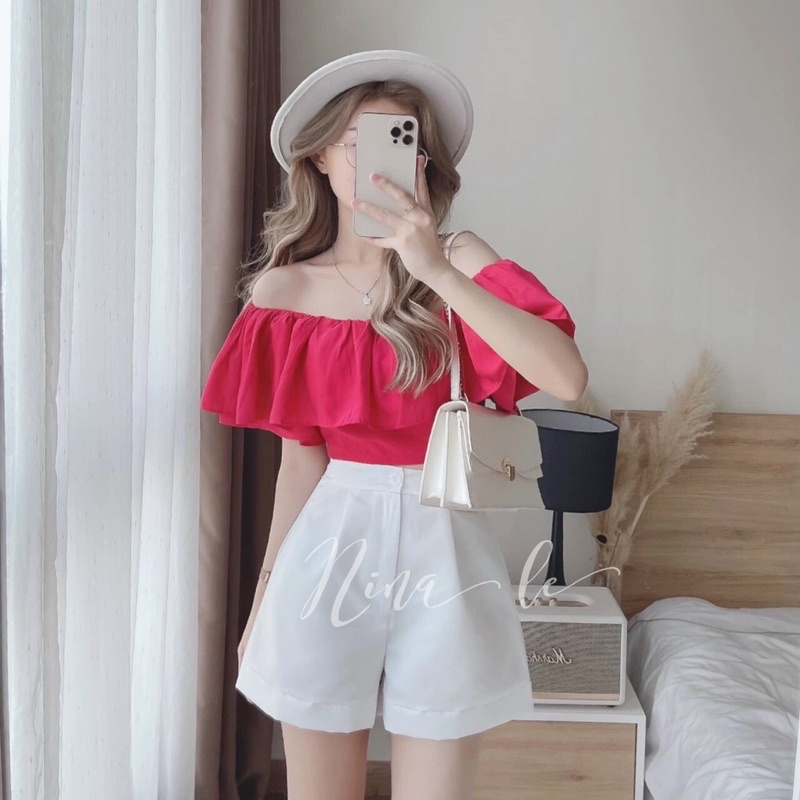 set áo croptop bẹt vai bèo hồng + quần short trắng (ảnh thật)