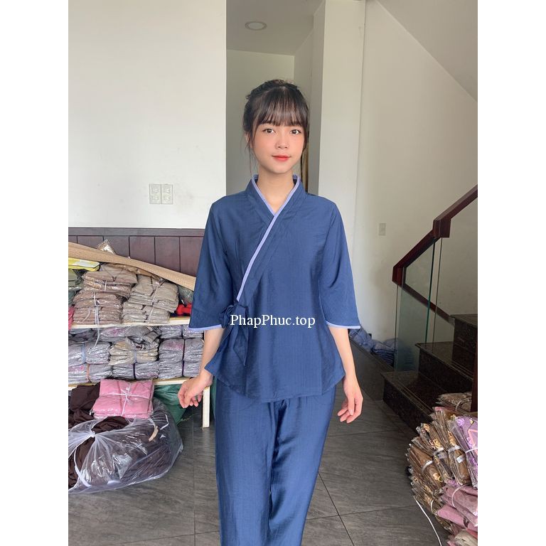 Thời trang đi chùa - đồ lam - đồ phật tử- Đũi tơ mát, cột nơ không thêu | BigBuy360 - bigbuy360.vn