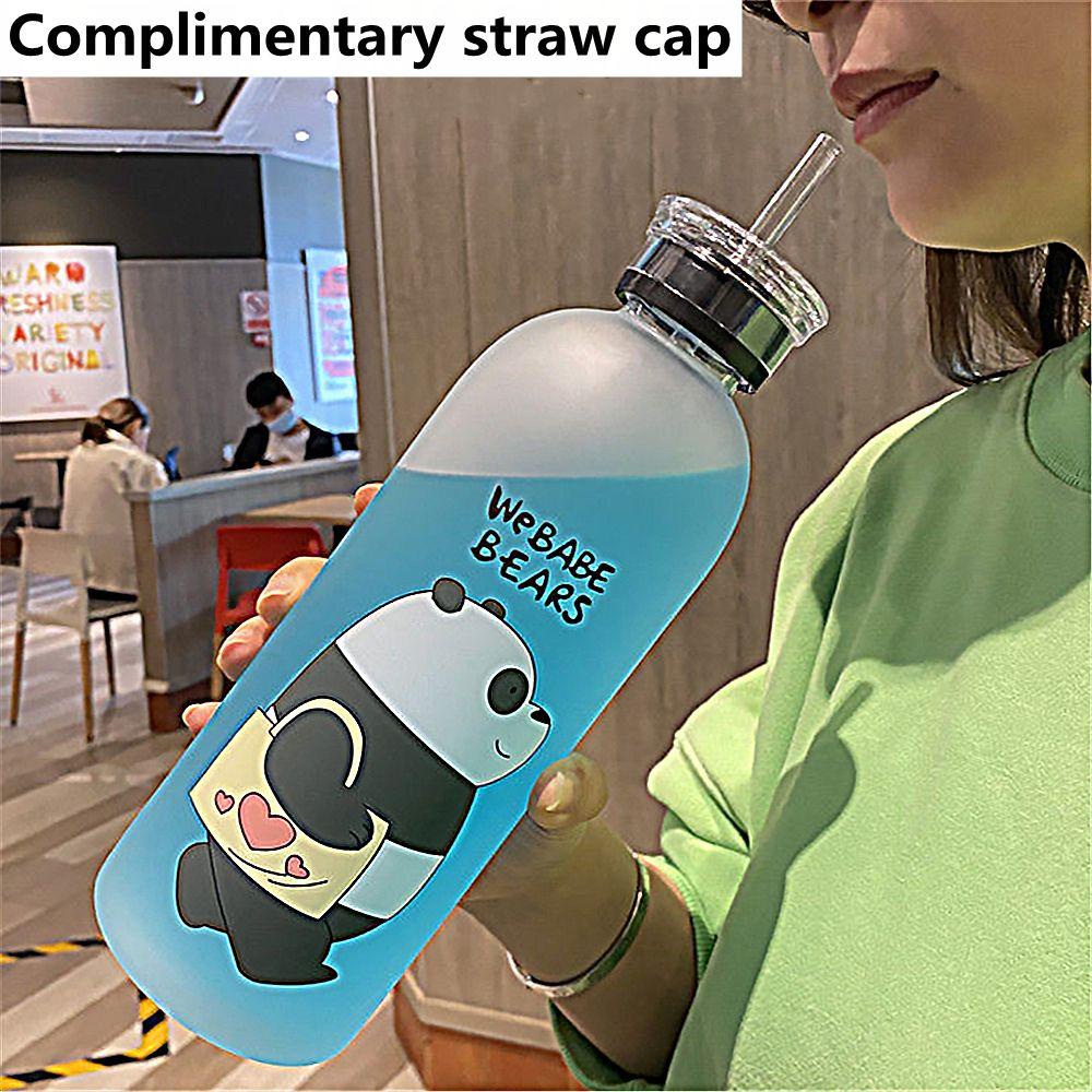 Bình Nước Nhựa Trong Suốt 1000ML Kèm Ống Hút In Hoạ Tiết Hoạt Hình Xinh Xắn