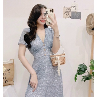 Đầm hoa nhí cổ V nút bọc gỗ có dây thắt eo