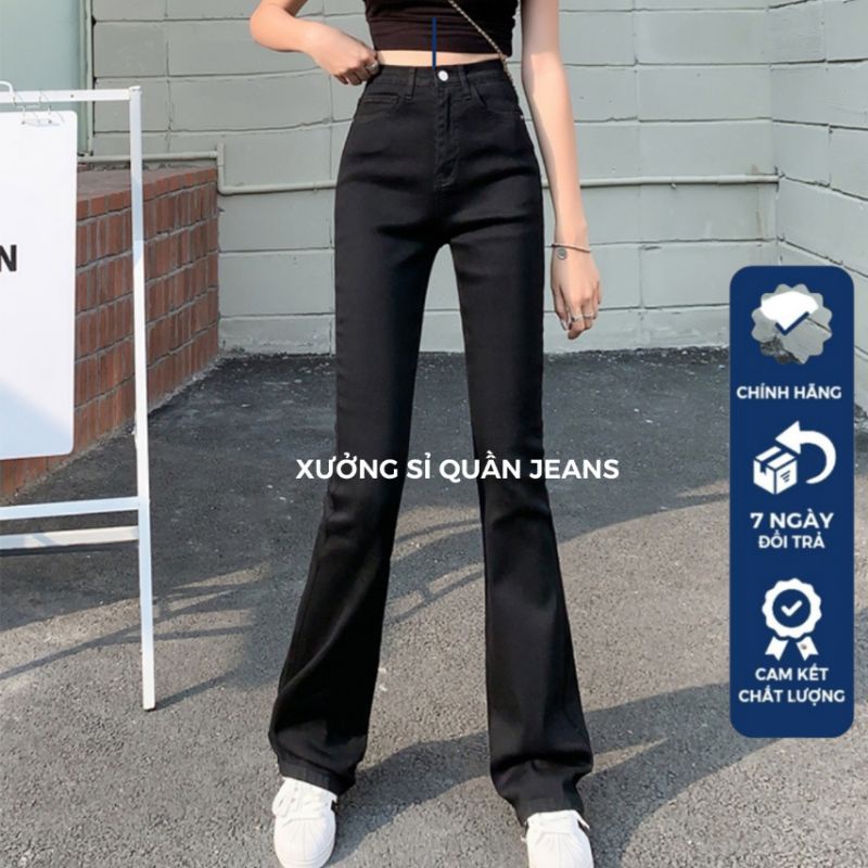 Quần jeans loe cạp cao phom dài may gấu chất bò dãn hack chân | BigBuy360 - bigbuy360.vn