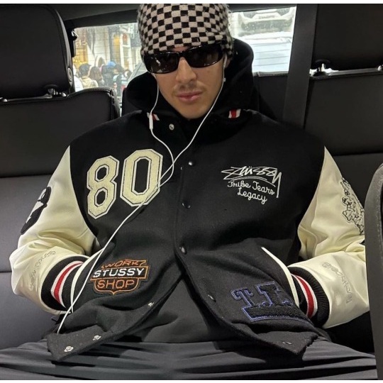 Áo Khoác STUSSY X OUR LEGACY X DENIM TEARS VARSITY JACKET, Màu đen, Tay da trắng BapeVN