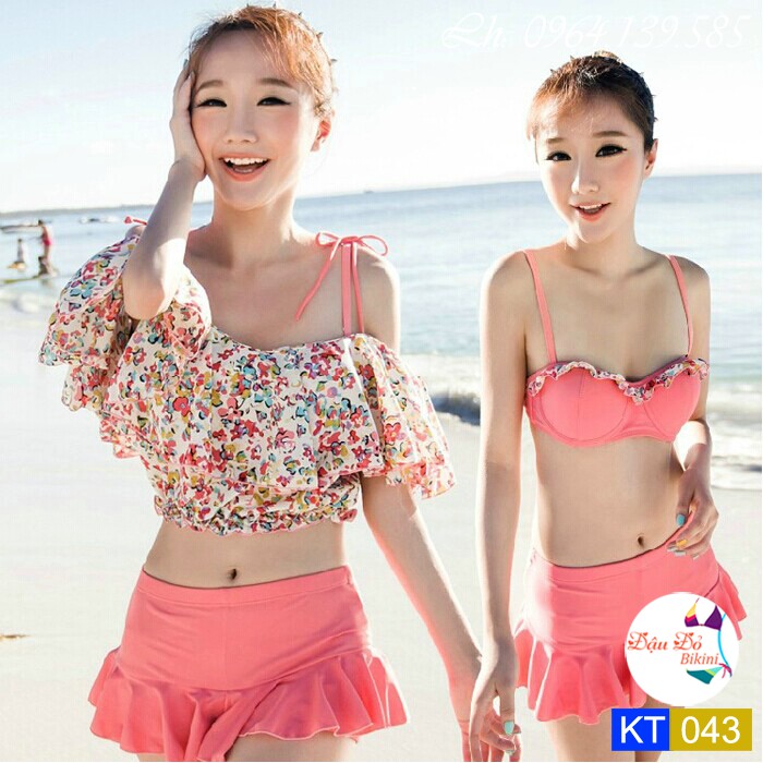 [LẺ SIZE 50-55kg] - Bộ bikini 3 chi tiết vải Hàn, áo choàng ngoài trễ vai, chất thun bơi đẹp dày dặn | KT043