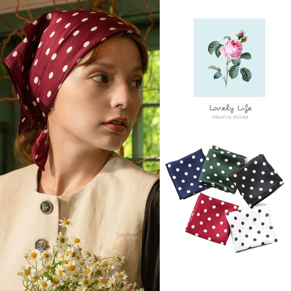 Khăn turban lụa vuông thắt nơ công sở đồng phục quấn tóc họa tiết chấm bi size 50*50cm - P3 The Collar Box