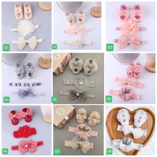 Set đôi tất hài nơ có chống trượt và 2 băng đô siêu xinh cho bé gái