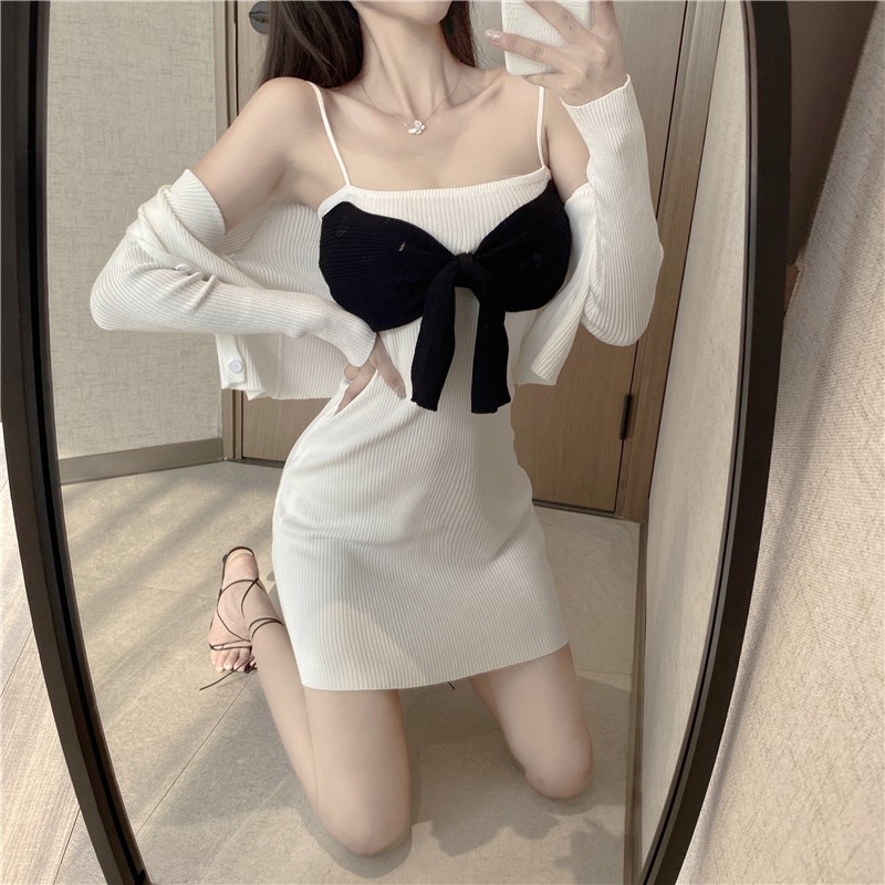 Cả set áo khoác tay dài len cardigan croptop form ngắn có nút cài + đầm 2 dây ôm tôn dáng body nơ ulzzang ( 3 màu )