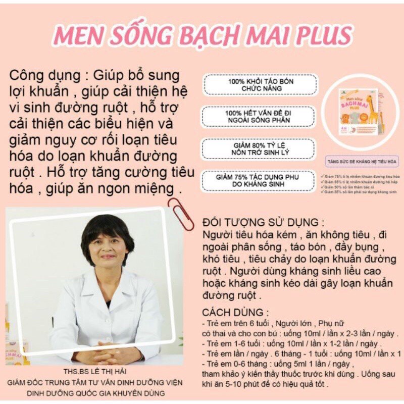 Men sống bạch mai plus, men sống bạch mai mẫu mới bổ sung chất xơ, 4 tỷ lợi khuẩn bé hết táo bón