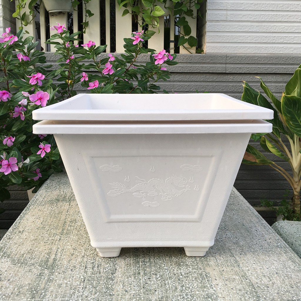 Bộ 02 chậu nhựa trồng hoa vuông trắng đẹp 30x22x18cm