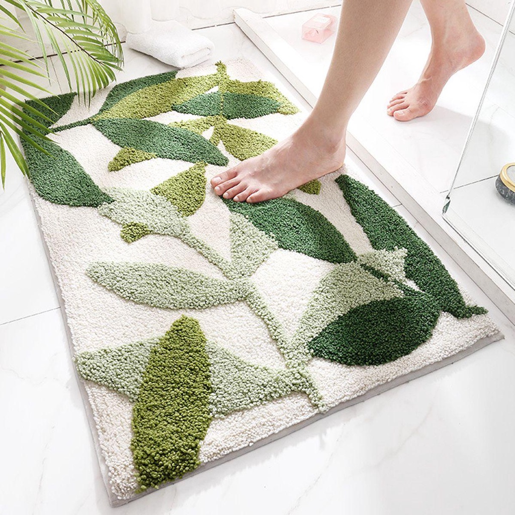 Thảm Lót Sàn Nhà Tắm Bằng Sợi Microfiber Siêu Thấm Hút Chống Trượt Họa Tiết Lá Xanh