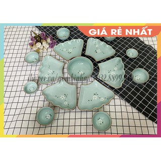 [GIÁ TỐT - BÁT ĐĨA ĐẸP] Bộ bát đĩa gốm sứ mặt trời - Bộ đồ ăn men xanh vẽ hoa đào trắng dáng độc đáo, chất lượng tốt!