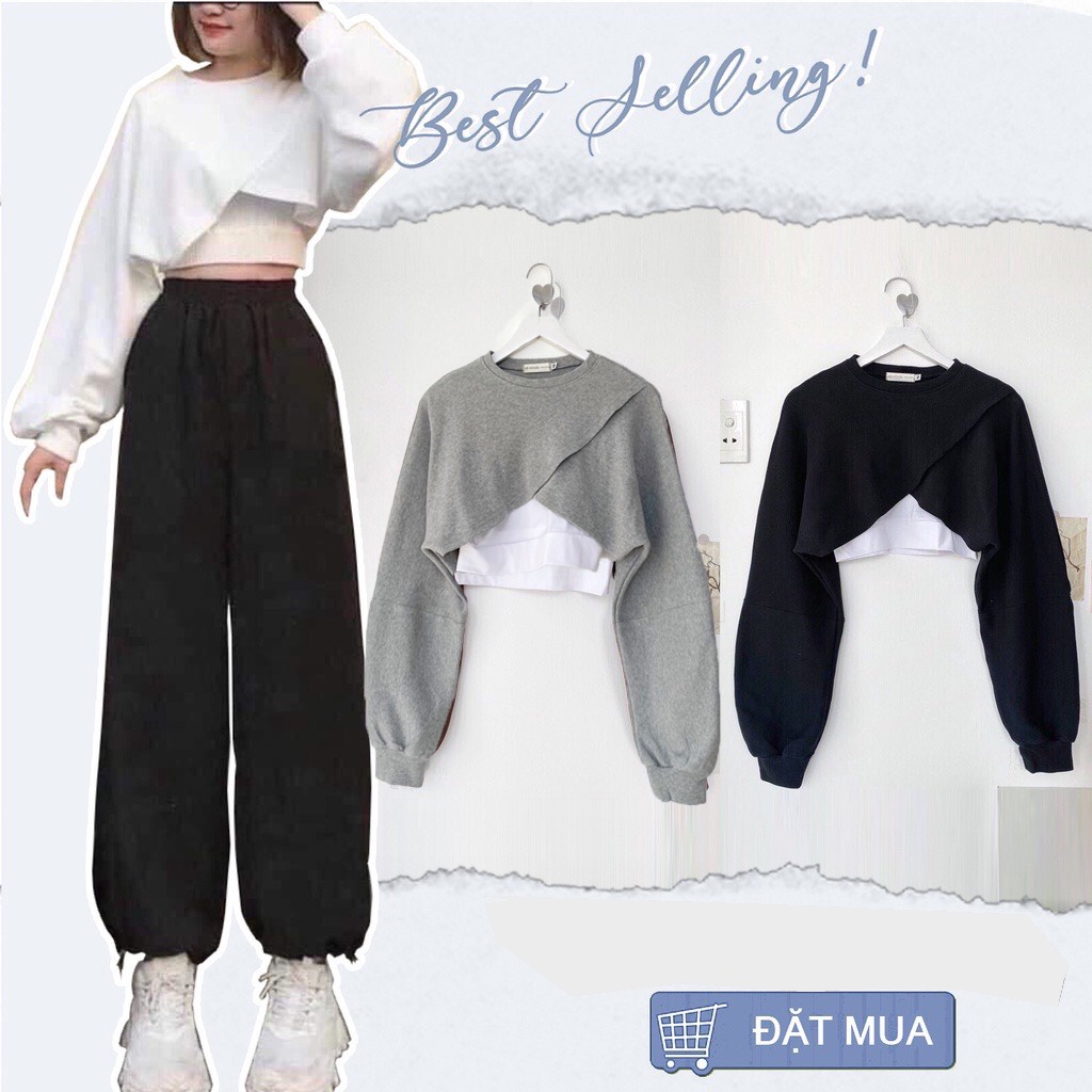 Áo Croptop Nữ Kiểu Tay Dài Phồng Dáng Rộng Đắp Chéo BEE Ulzzang   A08