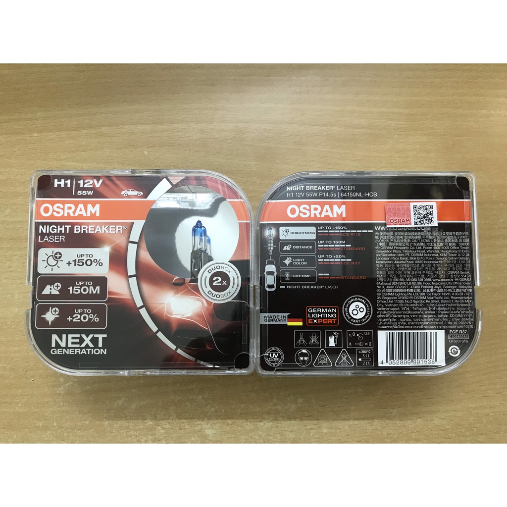Bóng đèn tăng sáng Osram Night Breaker Laser Chân bóng H1 12v 55w , hàng chính hãng Osram, Made in Germany