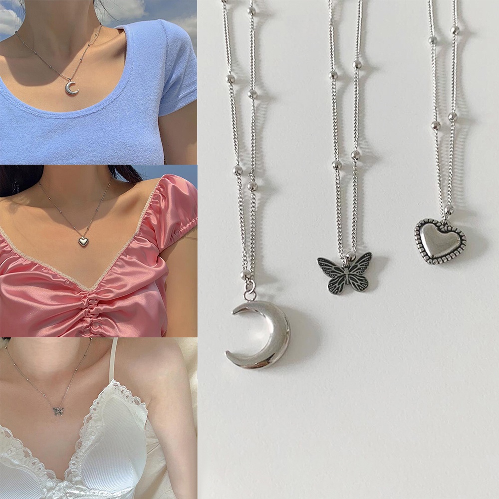 Vòng cổ choker dạng xích gắn hình trái tim/bướm/trăng/sao đính ngọc trai kiểu Hàn Quốc