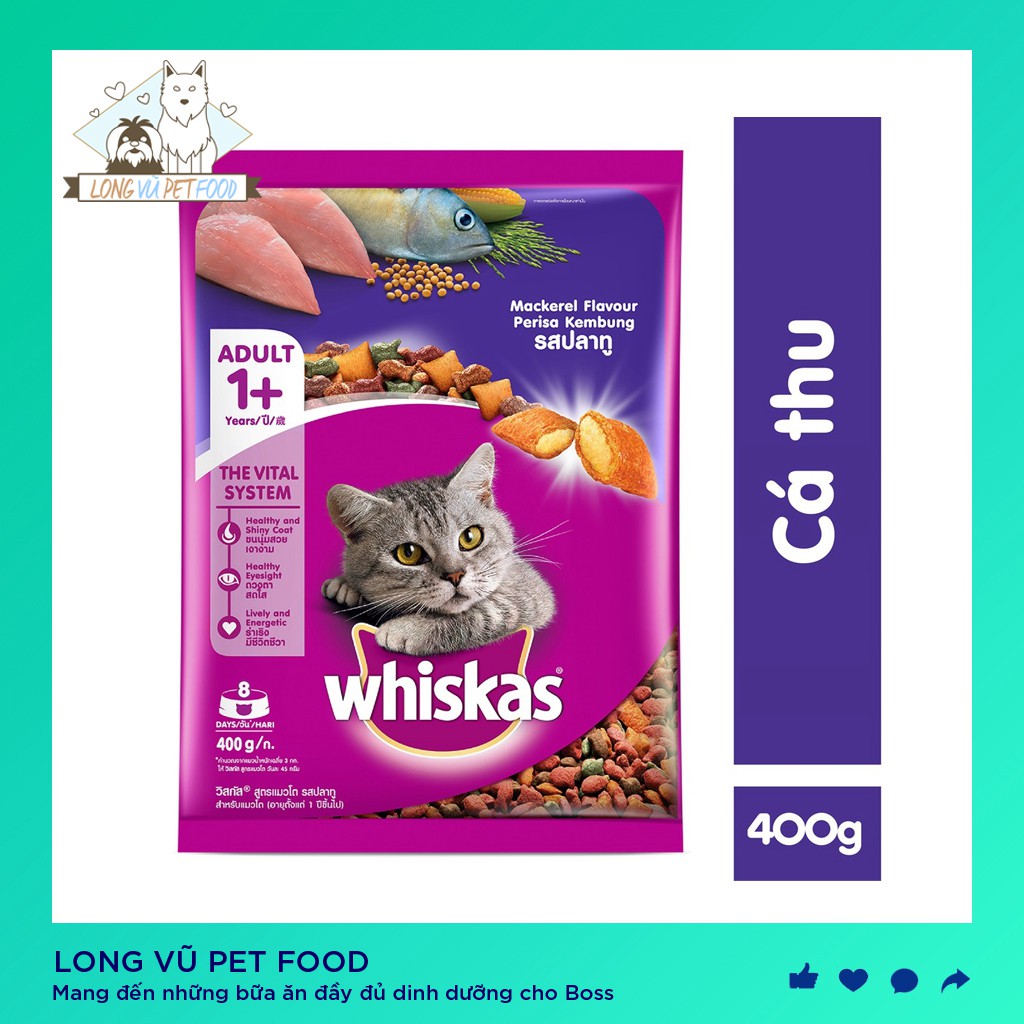 Thức ăn cho mèo Whiskas vị cá thu túi 400g, được sản xuất từ các nguyên liệu tự nhiên, bổ sung dưỡng chất, tốt cho hệ ti