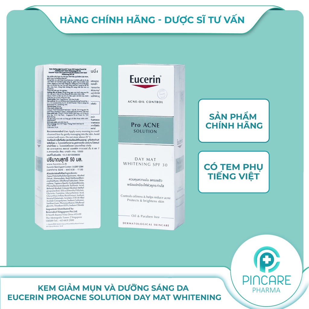 Kem dưỡng giảm mụn trắng da Eucerin ProAcne Solution Day Mat Whitening SPF30 50ml - Hành chính hãng - PinCare