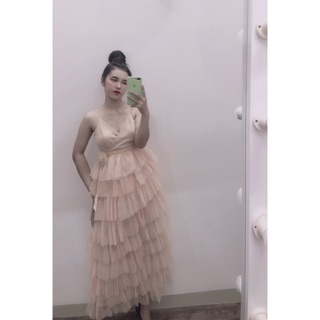 Đầm maxi dáng xoè hồng kem 2 dây cúp ngực đính hoa