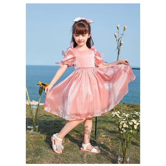 Váy Tay Bồng Màu Hồng Bé Gái