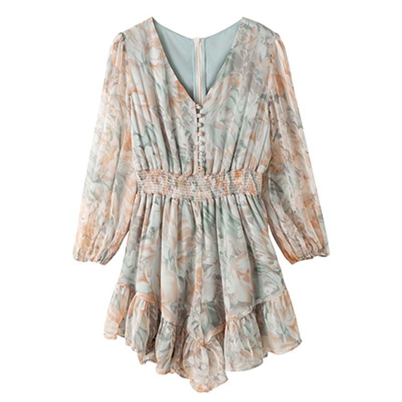 Jumpsuit voan hoa cổ chữ V thời trang mùa hè retro thanh lịch