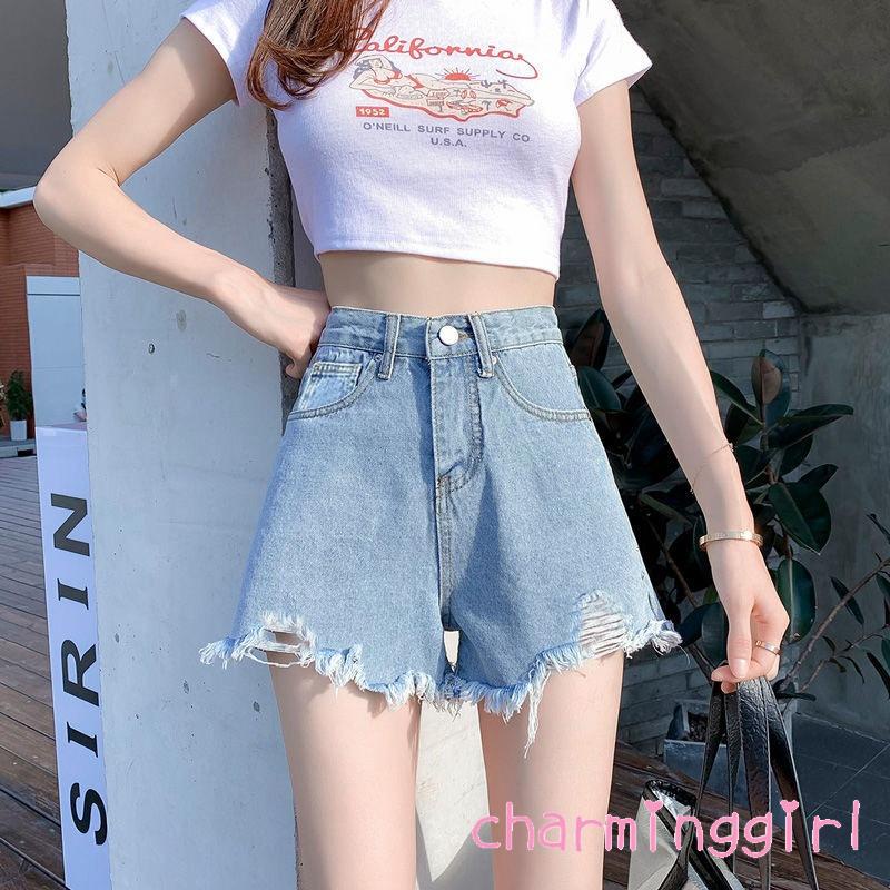 Quần short denim lưng cao ống rộng rách gối thời trang cho nữ
