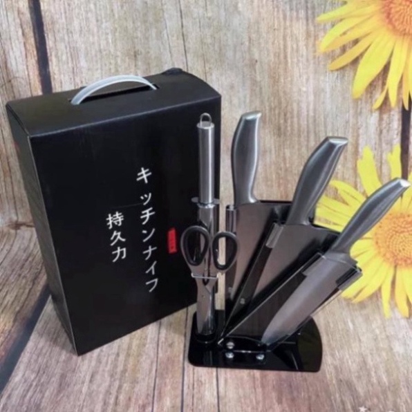 Bộ dao kéo Nhật inox 6 món đúc nguyên khối cao cấp sử dụng cho nhà bếp, kháng khuẩn tốt - tặng kèm bộ để dao thớt  A18