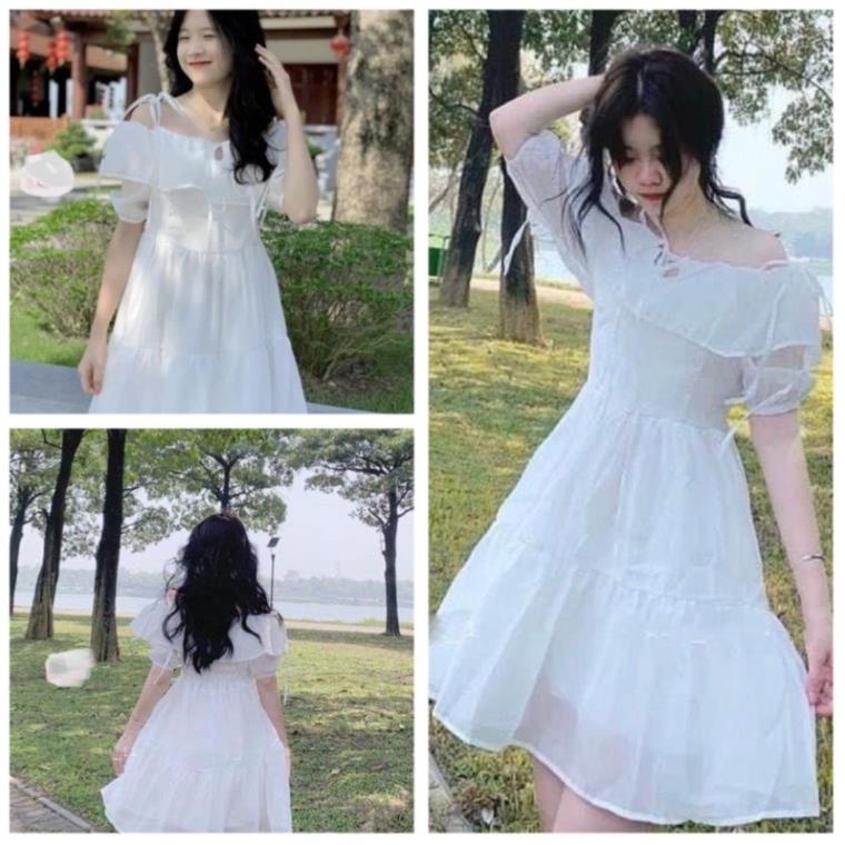 Váy 2 Dây Buộc Nơ Vai Vintage Nữ Đầm dáng ngắn, babydoll bánh bèo tiểu thư Ulzzang sang chảnh Hàn Quốc