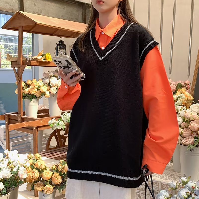 Áo Sweater Dệt Kim Không Tay Cổ Chữ V Màu Sắc Retro Nhật Bản Dành Cho Nam Nữ