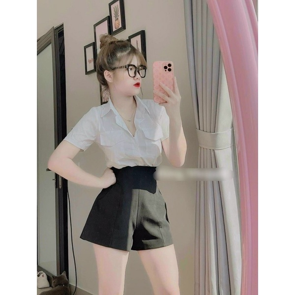 Set áo sơ mi trắng túi 2 bên và quần short lưng cao chất tuyết mưa mềm mịn, dày dặn