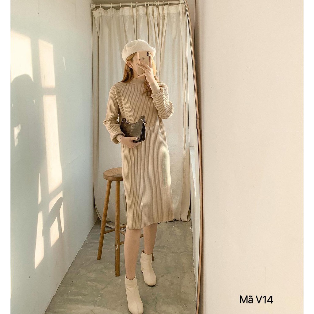 Váy suông len tay dài có bo, cổ tròn, dáng đầm suông rộng freesize 5 màu trơn, mã V14 - Michi's House | BigBuy360 - bigbuy360.vn