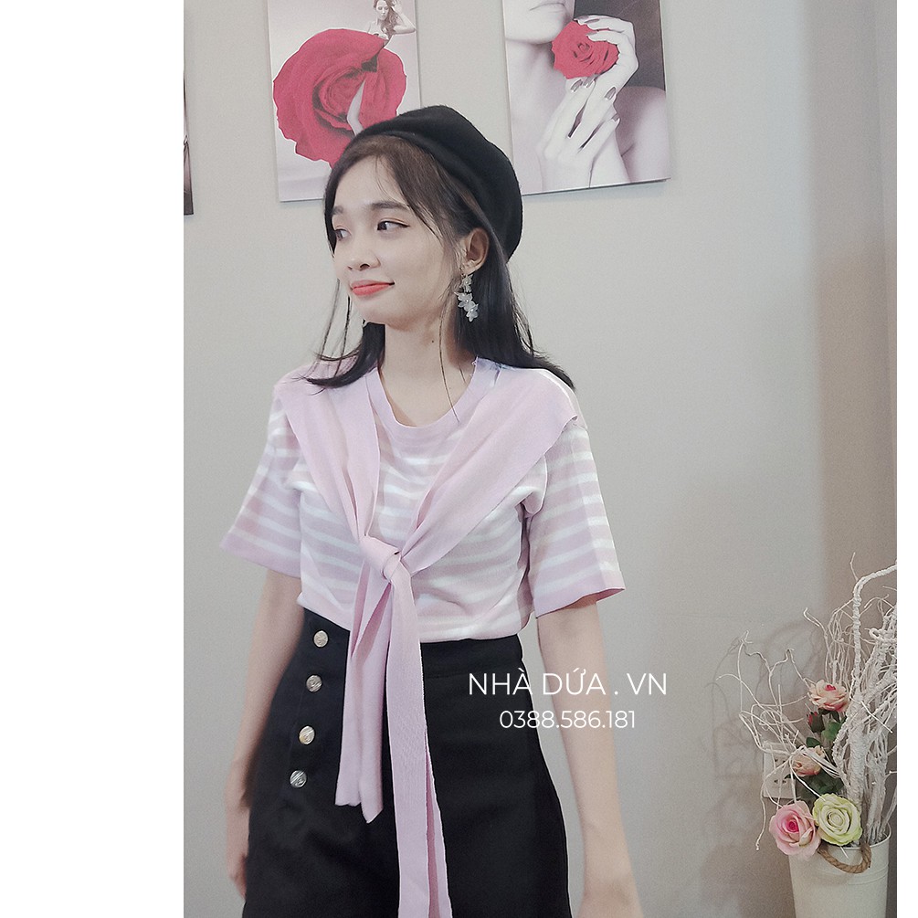 HÌNH THẬT Áo thun nữ kiểu trắng sọc đen cột nơ hàn quốc tay ngắn- áo thun bánh bèo siêu đẹp đơn giản Nhà Dứa
