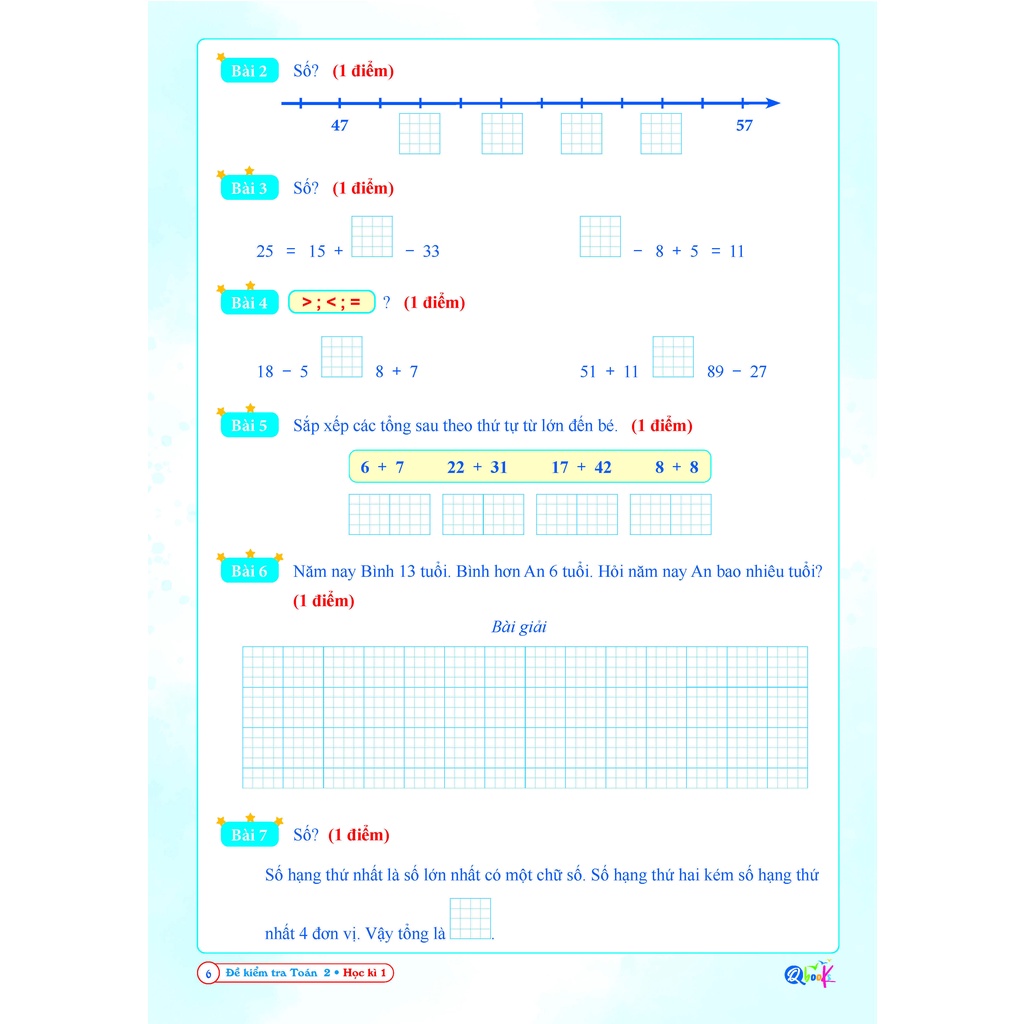 Sách Đề kiểm tra toán lớp 2 học kì 1 QBOOKS   Hải Anh Books