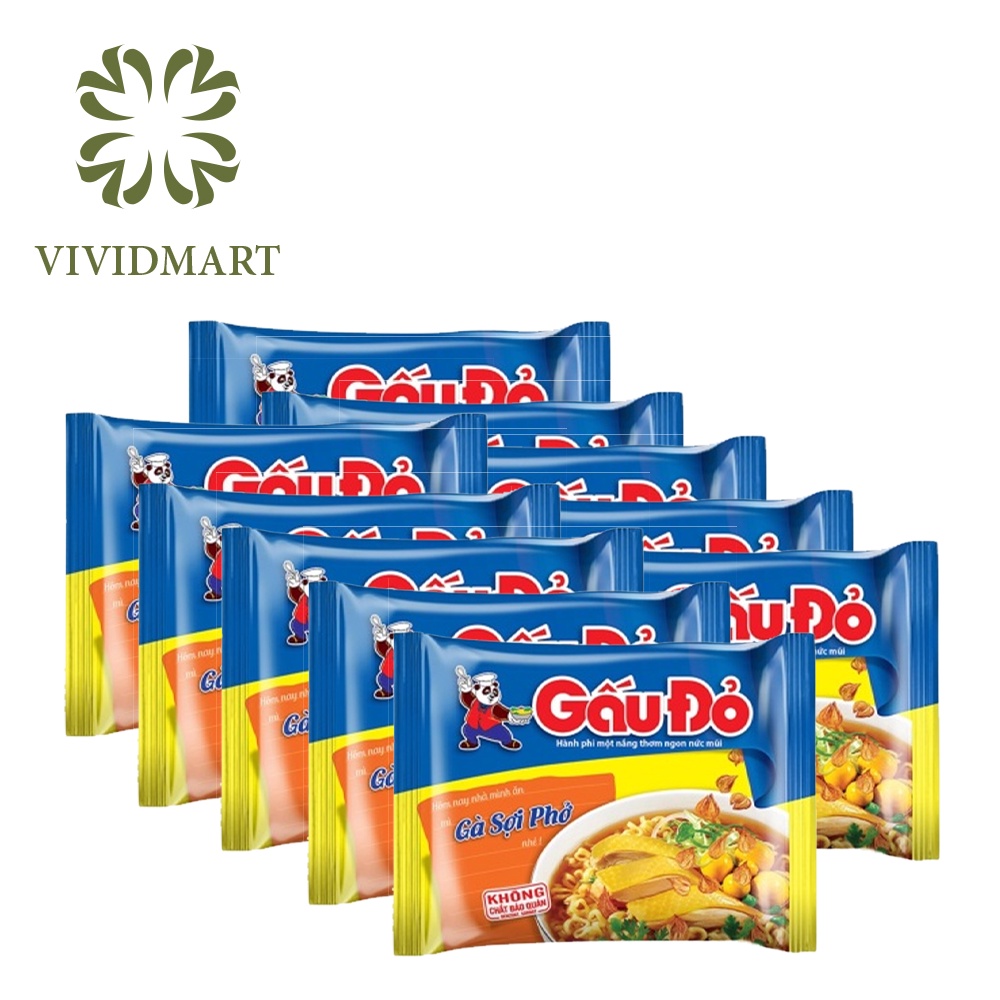 10gói- MÌ GẤU ĐỎ 8 VỊ: GÀ SỢI PHỞ, TÔM VÀ GÀ, BÒ BÍT TẾT, THỊT BẰM, TÔM CHUA CAY, SỢI PHỞ HÀNH PHI, CHAY –GÓI63G– GẤU ĐỎ