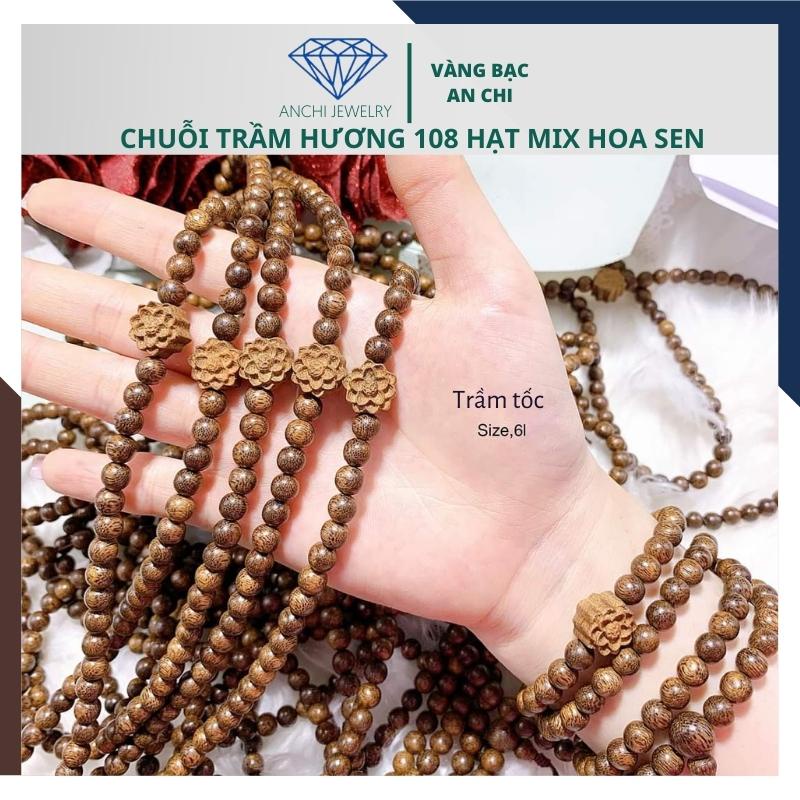 Vòng tay trầm hương 108 hạt mix charm hoa sen bạc cho nữ - size 6 8mm, Anchi jewelry