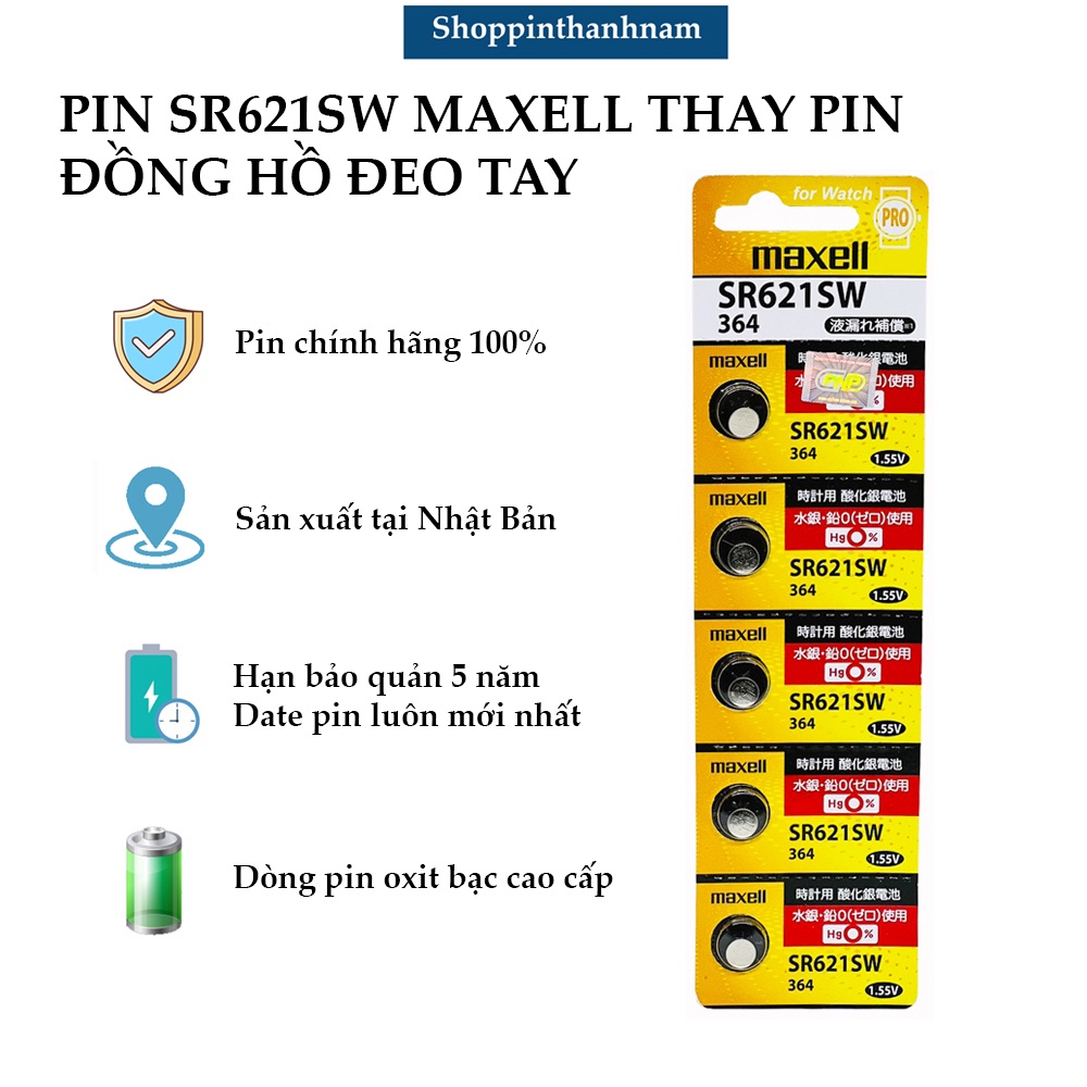 Vỉ 5 viên Maxell SR621 / 364 / SR621SW thay pin đồng hồ đeo tay