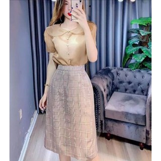 Sét chân váy kẻ áo cổ sen