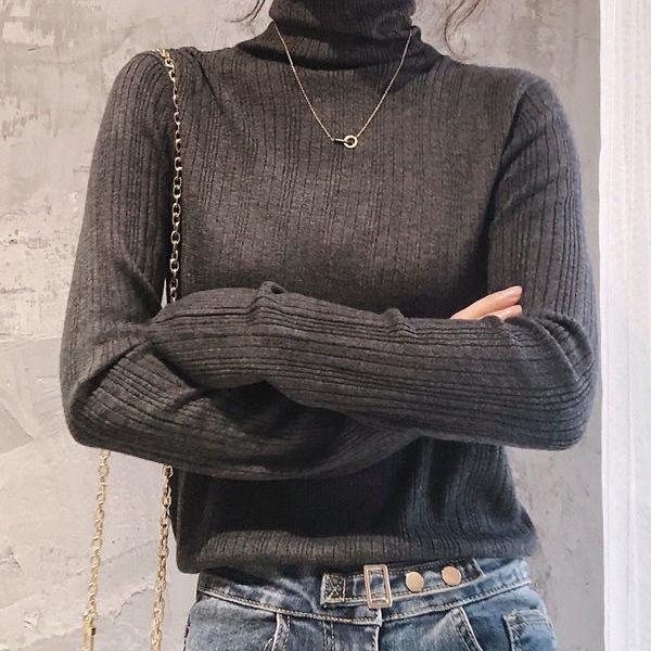 Áo dệt kim tay dài dáng ôm cổ lọ thời trang dễ phối đồ