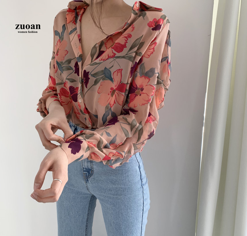 SUXI Áo sơ mi chiffon tay dai in họa tiết bông hoa thời trang thanh lịch cho nữ