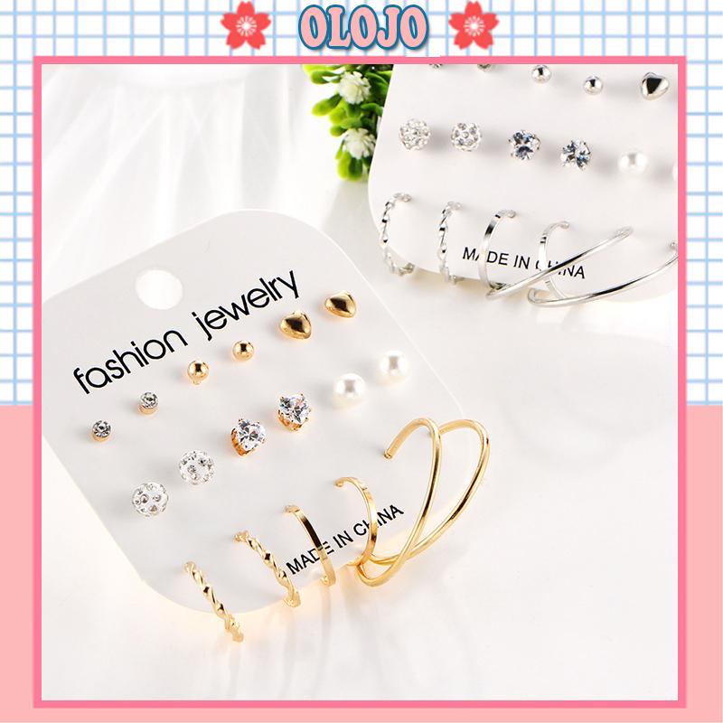 (OLOJO.vn) Bộ 9 Bông Tai Kim Loại Cỡ Lớn Đính Pha Lê Cho Nữ