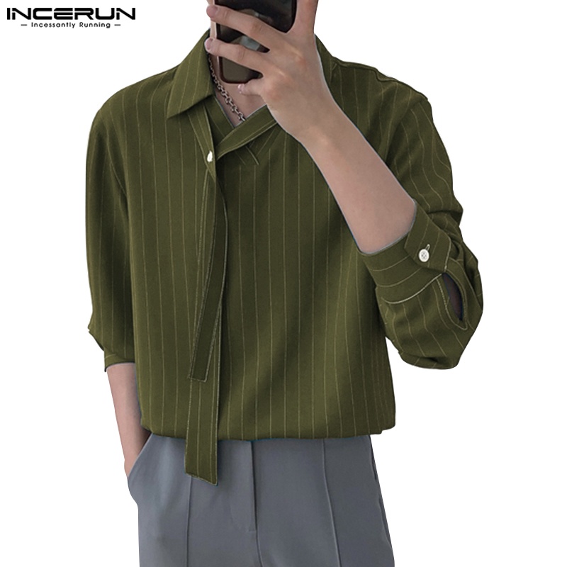 Áo sơ mi INCERUN tay dài cổ V kẻ sọc dọc kiểu cổ điển cho nam
