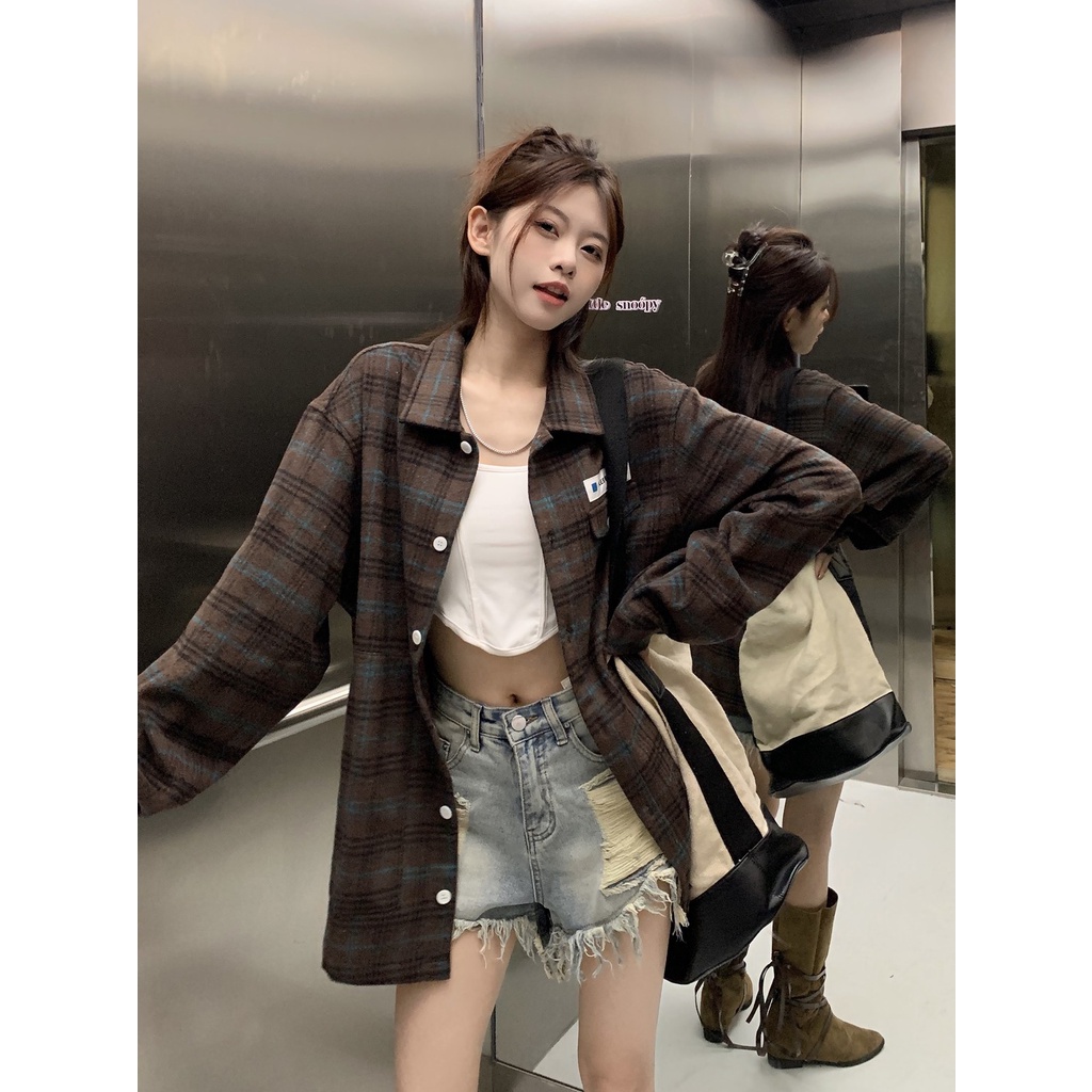 Áo Sơ Mi Caro Tay Dài Dáng Rộng Phong Cách Hàn Quốc Cho Nữ