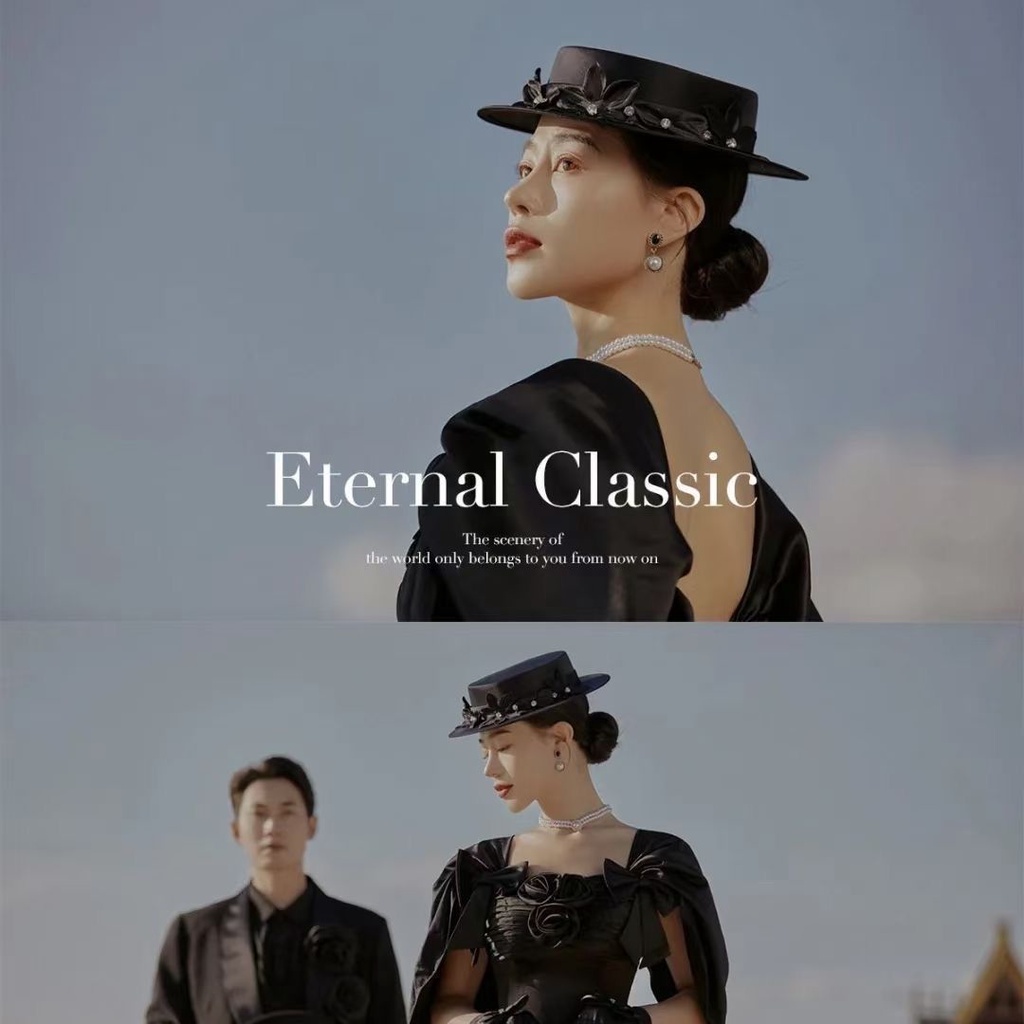 Mũ Lưới Satin Màu Đen Phối Hoa Đơn Giản Phong Cách Pháp Cổ Điển Cho Cô Dâu