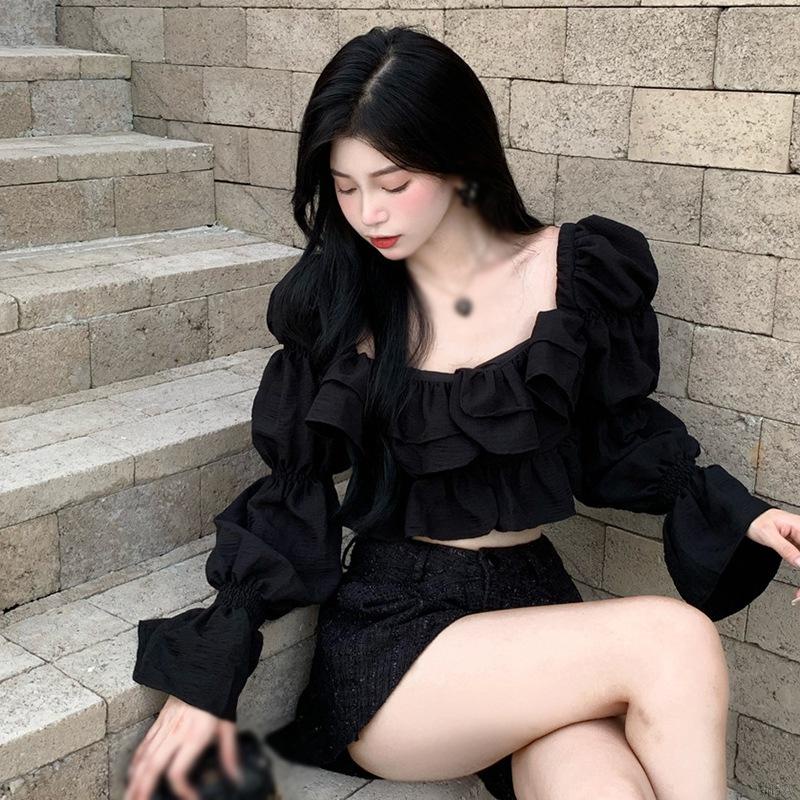 Áo crop top Tay Dài Cổ Vuông Chất Liệu chiffon Phong Cách vintage Thời Trang Cho Nữ