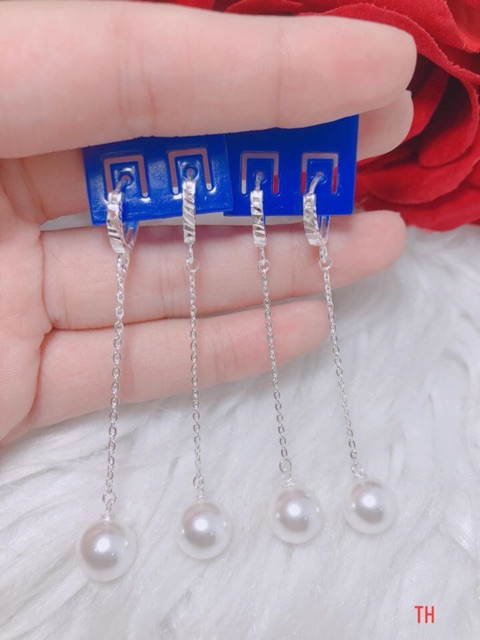 Bông tai bạc khoen tròn đính trai dáng dài siêu xinh BT0801