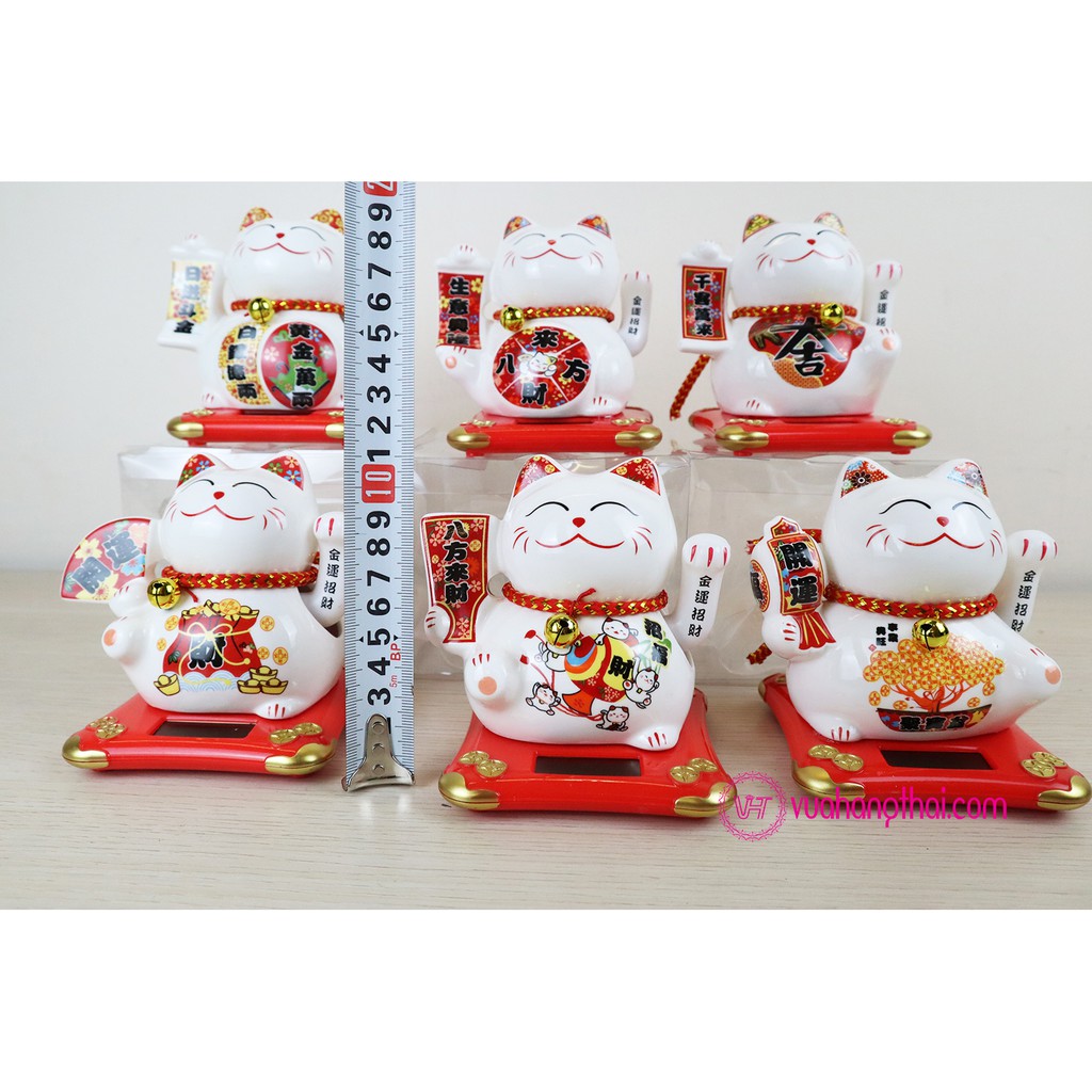 Mèo Thần Tài Vẫy Tay Maneki Neko Dùng Năng Lượng Mặt Trời, Bằng Sứ 11cm - Chiêu Tài Lộc, Kinh Doanh Hồng Phát