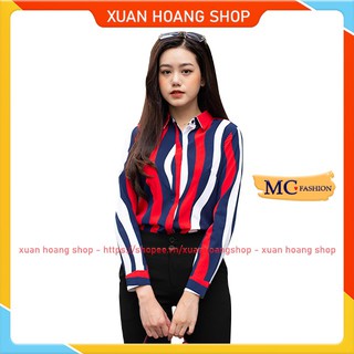 Áo Sơ Mi Nữ Công Sở Kiểu Kẻ Sọc Tay Dài, Lỡ Mc Fashion Trắng, Đỏ, Xanh Tím Than Đẹp, Size Đủ, Chất Vải Mát A610 A611