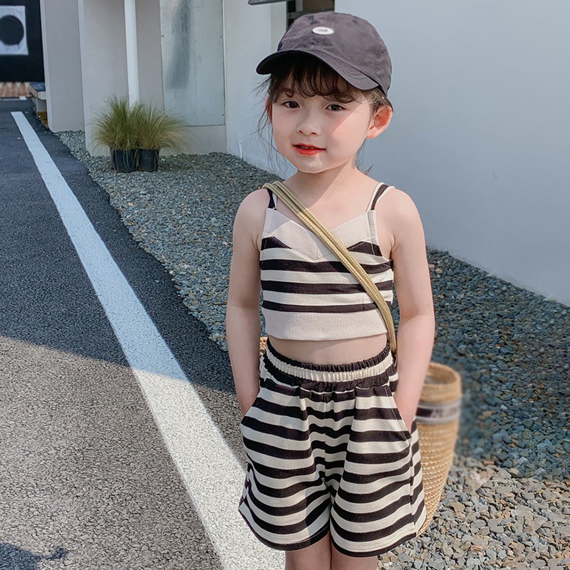 Set Áo Hai Dây Kẻ Sọc + Quần Short Thời Trang Mùa Hè Se7en Cho Bé Gái