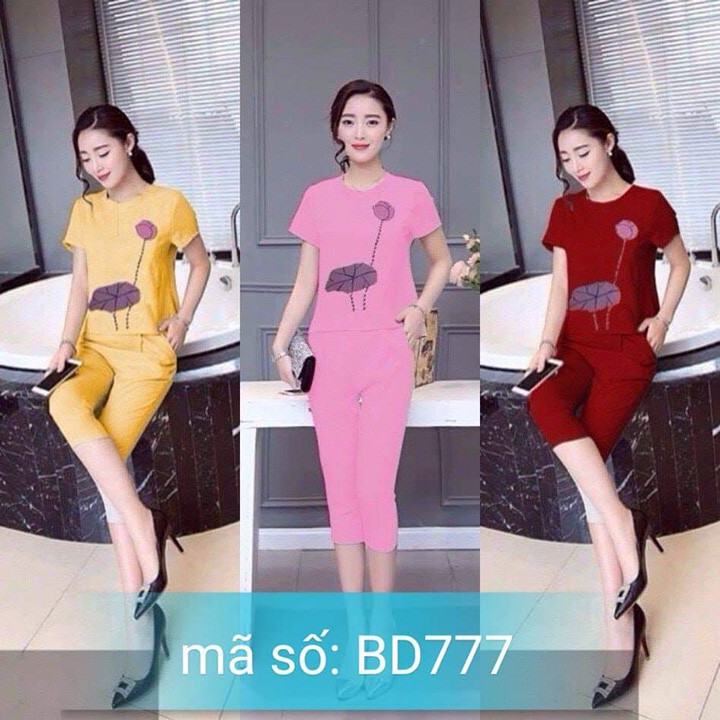 Set nguyên bộ đồ thể thao lửng in họa tiết hoa sen thời trang