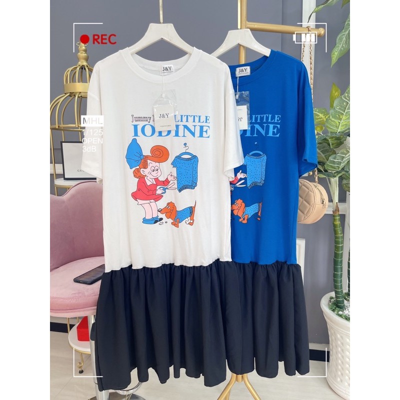 Đầm suông phối phồng in hoạ tiết, Đầm thun cotton phối màu