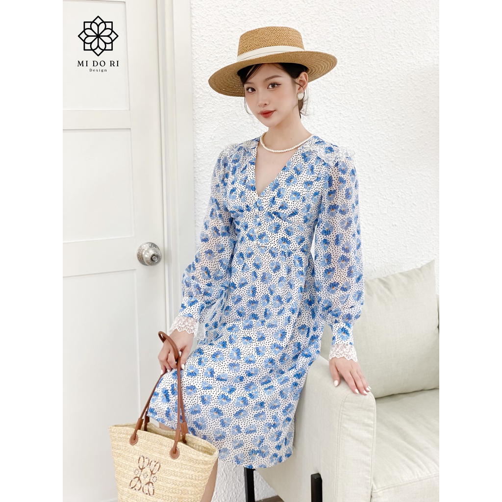 Đầm midi tay và vai phối ren duyên dáng, hoa xanh nền trắng, chiffon Hàn, chất mềm mát không nhăn, 2 lớp - Oryn Dress