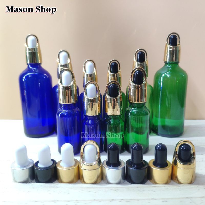 LỌ ĐỰNG TINH DẦU thủy tinh bóp giọt quai 10ml 20ml 30ml 50ml 100ml VỎ CHAI CHIẾT SERUM MỸ MĨ PHẨM Xanh dương/xanh lá