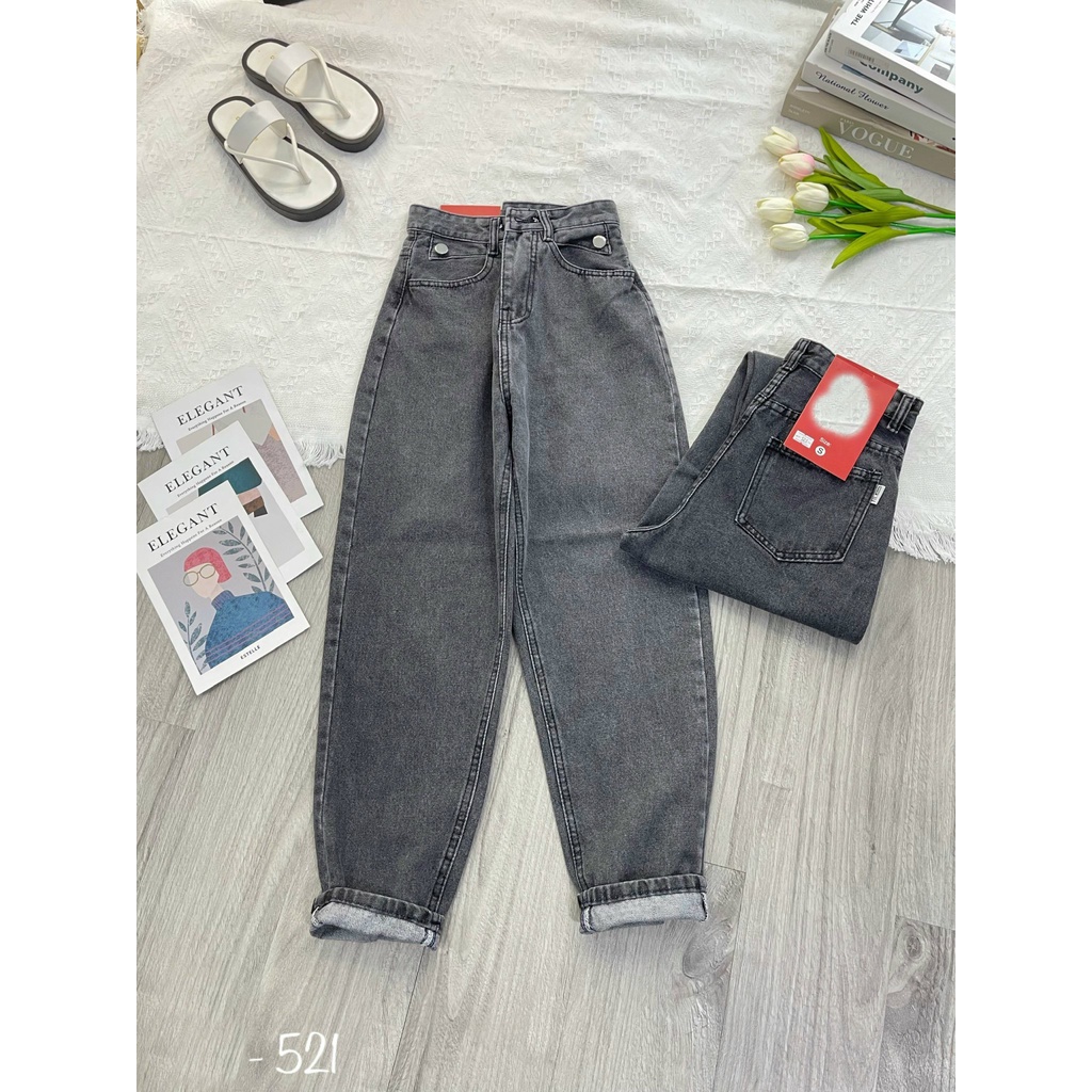 [BGHL521] QUẦN BAGGY JEANS NỮ LƯNG CAO 2 TAM GIÁC TÚI PHỐI 2 NÚT MÀU XÁM NHẠT ĐEN LAI CUỐN DÀY DẶN NITIQC